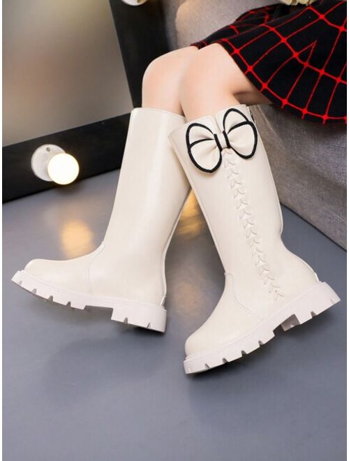 Shein Children's New Style Pure Color High Boots For Autumn And Winter, Girls' Bowknot Decorated Round-toe Leather Boots With Fleece Lining
