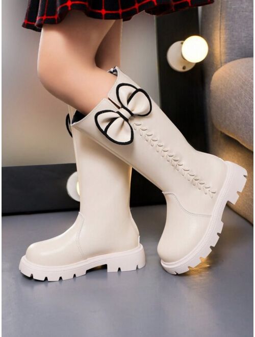 Shein Children's New Style Pure Color High Boots For Autumn And Winter, Girls' Bowknot Decorated Round-toe Leather Boots With Fleece Lining