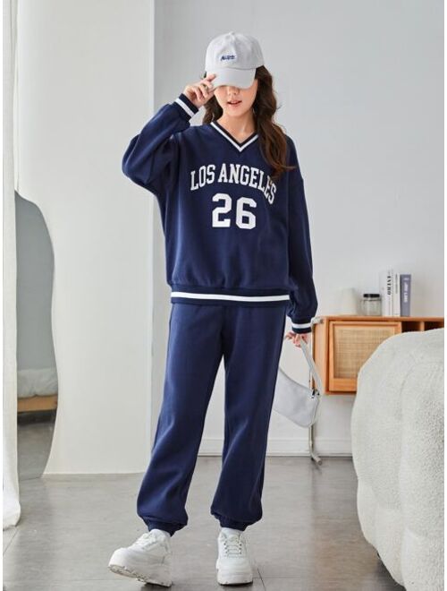 SHEIN Teen Girls Thermal Letter Graphic Drop Shoulder Sweatshirt & Sweatpants