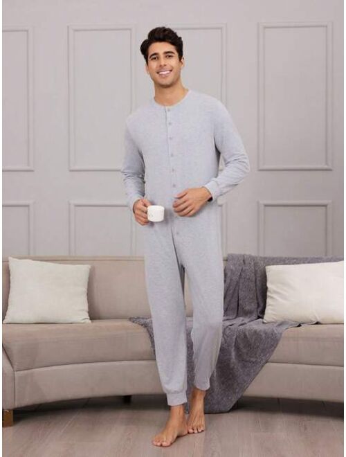 Men S Solid Color Front Buttoned Jumpsuit For Home Wear