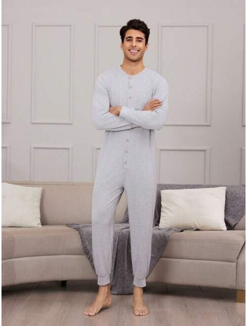 Men S Solid Color Front Buttoned Jumpsuit For Home Wear