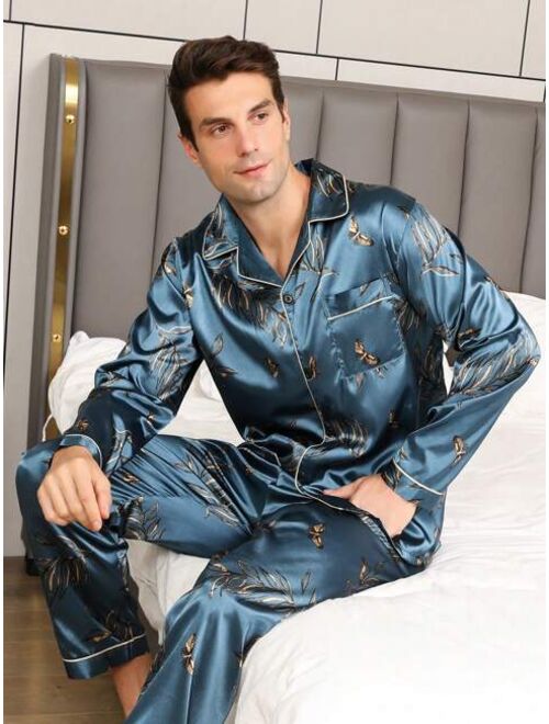 2pcs set Men s Ice Silk Long Sleeve Pajamas Spring Autumn Floral Print Sleepwear Set