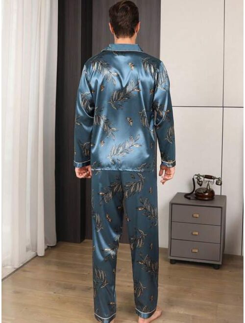 2pcs set Men s Ice Silk Long Sleeve Pajamas Spring Autumn Floral Print Sleepwear Set