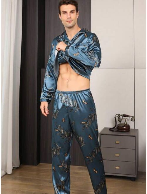 2pcs set Men s Ice Silk Long Sleeve Pajamas Spring Autumn Floral Print Sleepwear Set