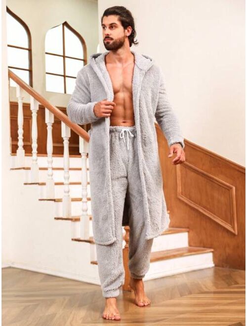 Men Dual Pocket Hooded Belted Flannel Robe Pants PJ Set