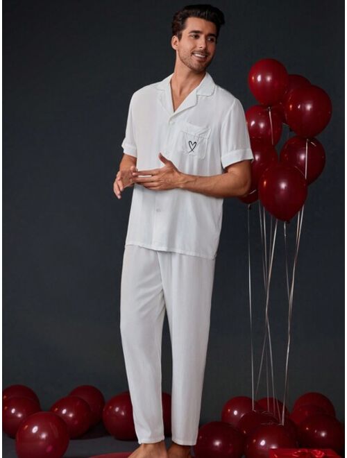 Men S White Short Sleeve Shirt With Heart Print Pants Homewear Set