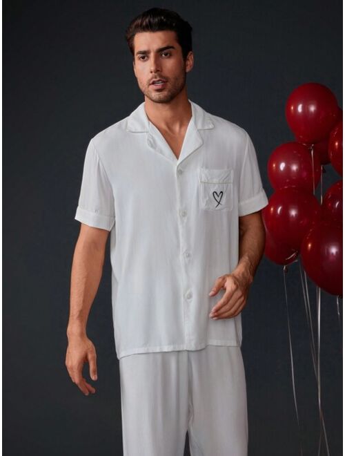 Men S White Short Sleeve Shirt With Heart Print Pants Homewear Set