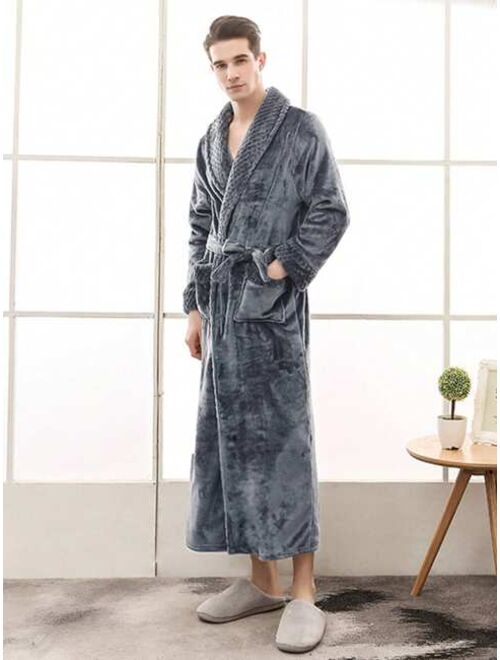 1pc Men S Casual Solid Color Thickened Long Robe For Couple Made Of Flannel Home Wear