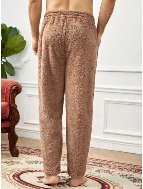 Men Solid Elastic Waist Teddy Pajama Pants