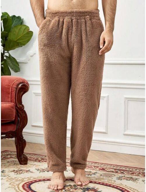 Men Solid Elastic Waist Teddy Pajama Pants