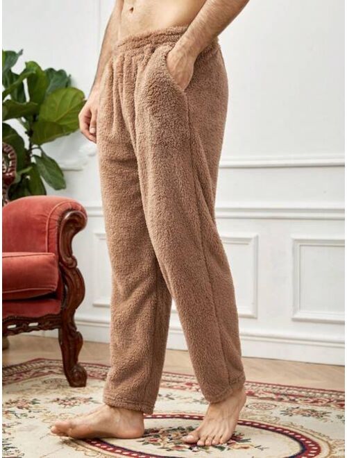 Men Solid Elastic Waist Teddy Pajama Pants