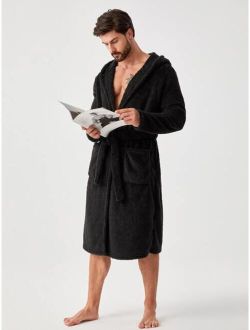 Men Dual Pocket Hooded Belted Sleep Robe