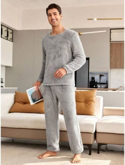 Men S Teddy Round Neck Long Sleeve Top Pants Homewear Set