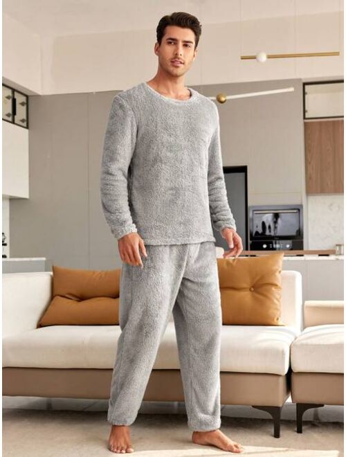 Men S Teddy Round Neck Long Sleeve Top Pants Homewear Set