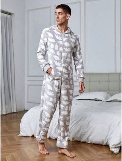 Men s Hooded With Polar Bear Print Homewear Jumpsuit