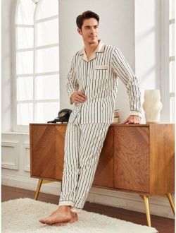 Men Striped Print Contrast Collar PJ Set