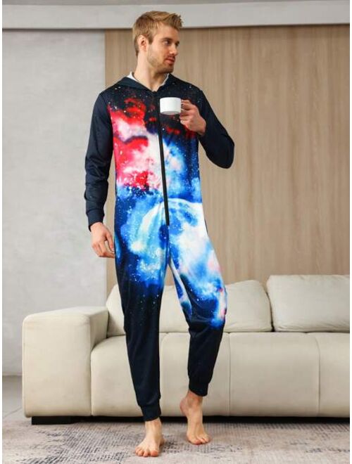 Men s Printed Hooded Jumpsuit Homewear