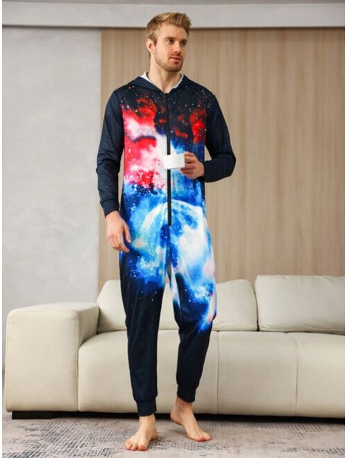 Men s Printed Hooded Jumpsuit Homewear
