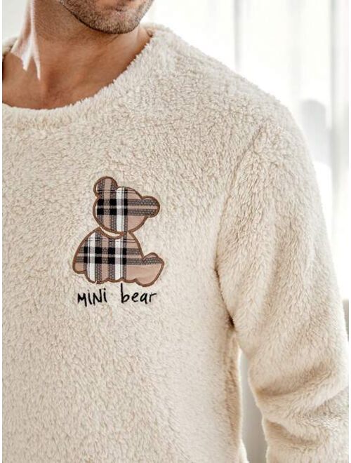 Men Letter Embroidery Flannel PJ Set