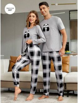 1set Panda Print Sleep Tee Plaid Print Sleep Pants