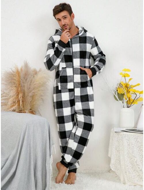 Men Buffalo Plaid Print Hooded Flannel Sleep Jumpsuit