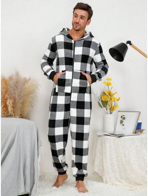 Men Buffalo Plaid Print Hooded Flannel Sleep Jumpsuit