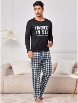 Men s Letter Printed T shirt And Plaid Long Pant Homewear Set