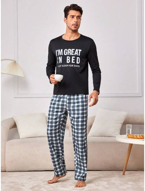 Men s Letter Printed T shirt And Plaid Long Pant Homewear Set