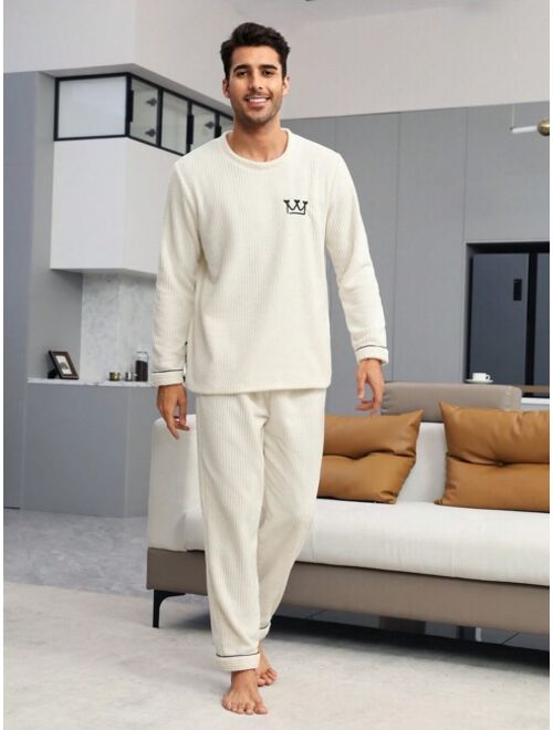 1pc Letter Embroidery Contrast Piping Flannel PJ Set