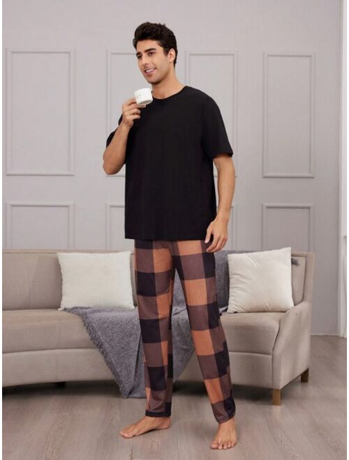 Men S Plaid Print Elastic Waist Lounge Pants