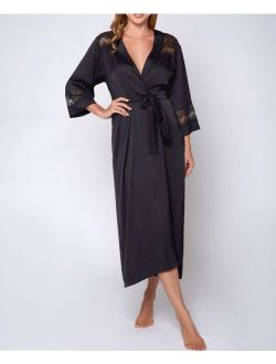ICOLLECTION Women's Silky Stretch Satin Long Robe with Lace Trims