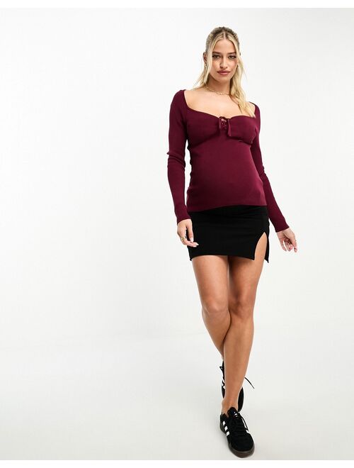 ASOS Maternity ASOS DESIGN Maternity knitted top with sweetheart neck and lace up front detail in dark red