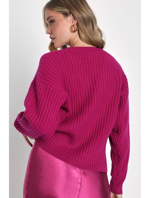 Lulus Effortless Season Magenta Ribbed V-Neck Long Sleeve Sweater