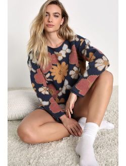 Thriving Weekend Navy Blue Floral Knit Pullover Lounge Sweater