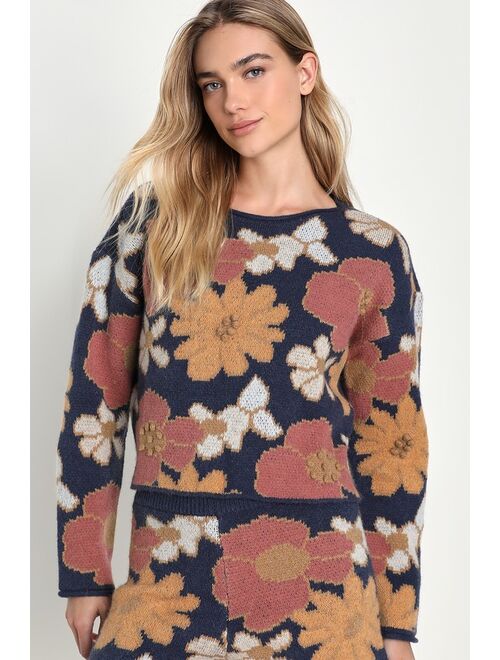 Lulus Thriving Weekend Navy Blue Floral Knit Pullover Lounge Sweater