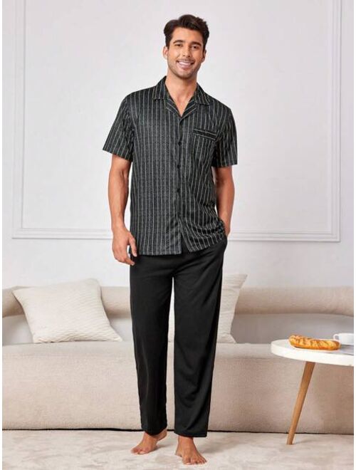 Men Button Front Striped Loungewear Top