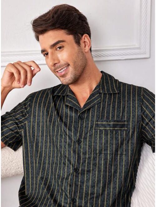 Men Button Front Striped Loungewear Top