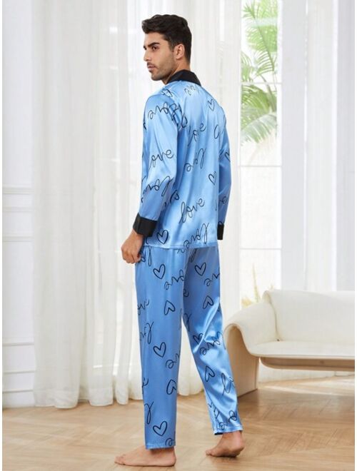 Men Heart Print Contrast Trim Satin PJ Set