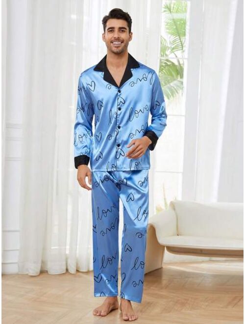 Men Heart Print Contrast Trim Satin PJ Set