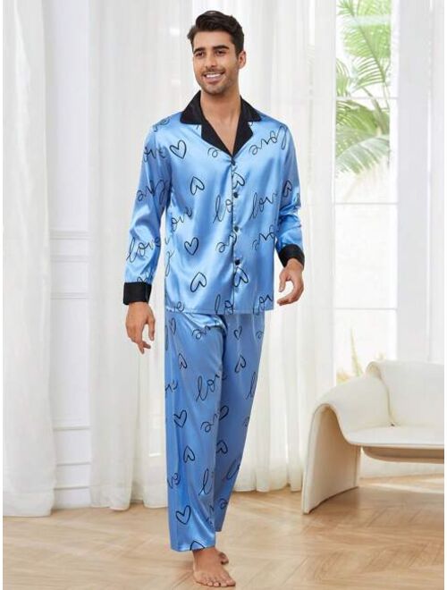 Men Heart Print Contrast Trim Satin PJ Set