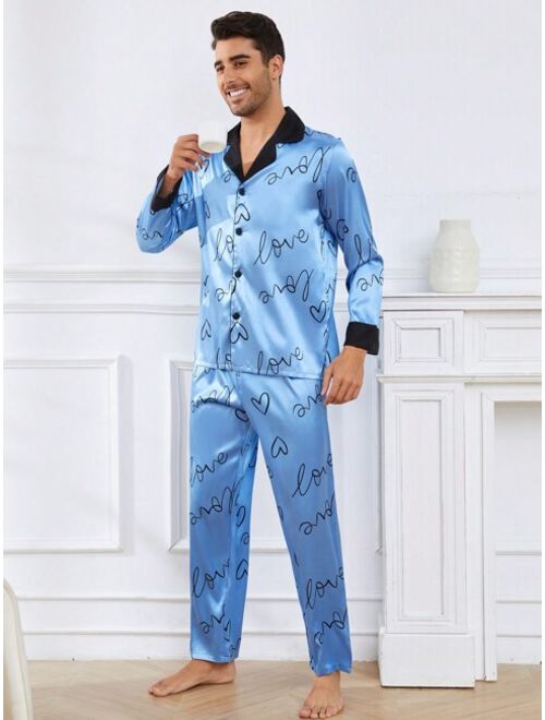 Men Heart Print Contrast Trim Satin PJ Set