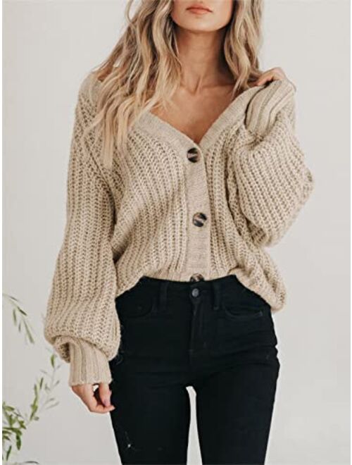PRETTYGARDEN Women's Chunky Knit Open Front Sweater Long Sleeve Button Loose Short Cardigan Outerwear Coats