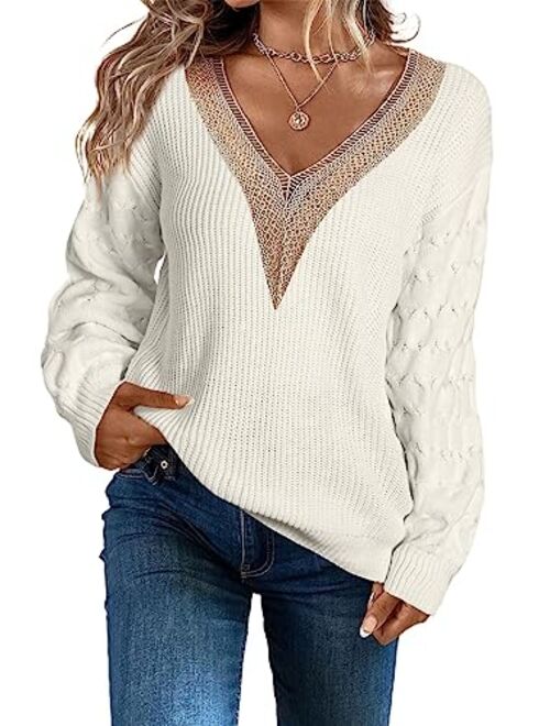 EVALESS Womens Long Sleeve Sweaters Fall 2023 Trendy Sexy Lace V Neck Knit Drop Shoulder Pullover Sweater Jumper Tops