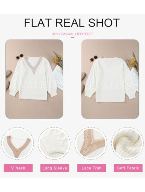 EVALESS Womens Long Sleeve Sweaters Fall 2023 Trendy Sexy Lace V Neck Knit Drop Shoulder Pullover Sweater Jumper Tops