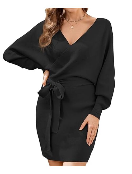 HRUTANE Womens Sweater Dress V Neck Batwing Long Sleeve Wrap Knitted Backless Sexy Bodycon Pullover Dress