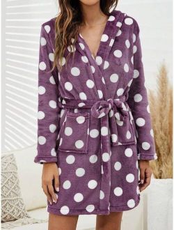 1pc Flannel Polka Dot Printed Mid-Length Bathrobe, Winter