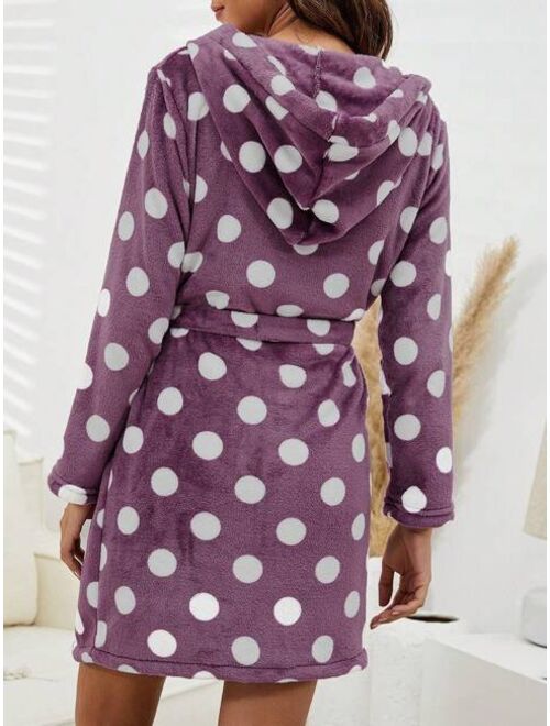 1pc Flannel Polka Dot Printed Mid-Length Bathrobe, Winter