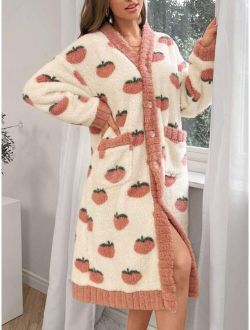 Strawberry Pattern Drop Shoulder Belted Flannel Sleep Robe