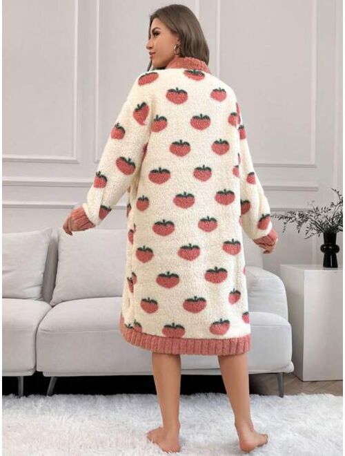Strawberry Pattern Drop Shoulder Belted Flannel Sleep Robe