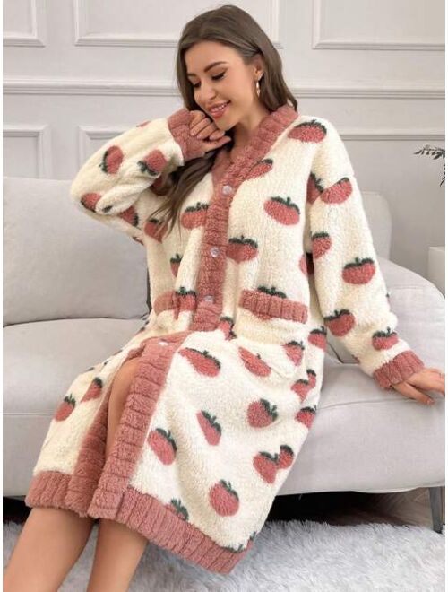 Strawberry Pattern Drop Shoulder Belted Flannel Sleep Robe